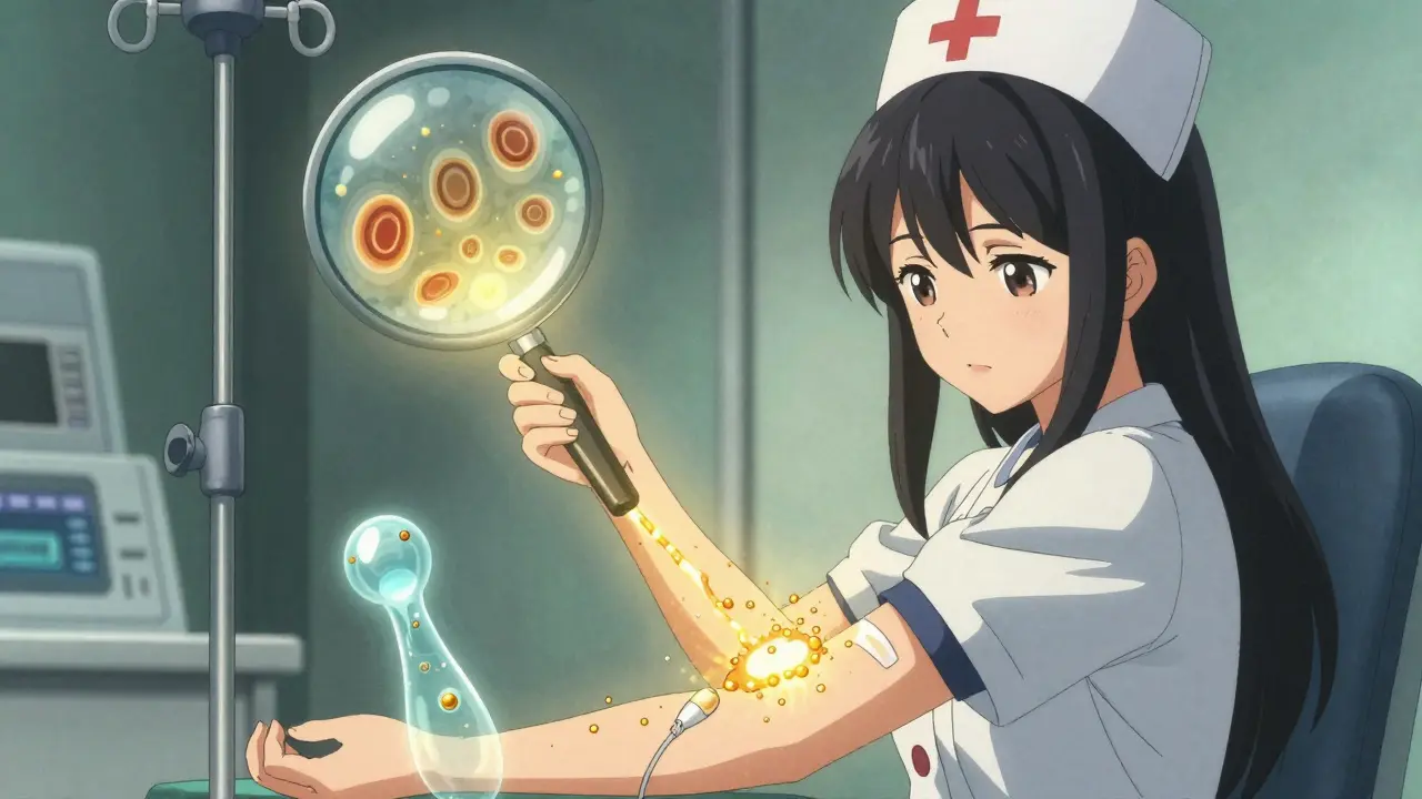 Infirmière administre du sulfate de magnésium, des particules dorées entourent la perfusion.