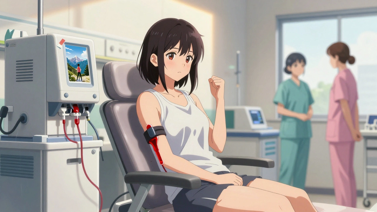 Jeune femme en centre de dialyse, sang circulant dans des tubes rouges, lumière dorée et photo de voyage sur la machine.