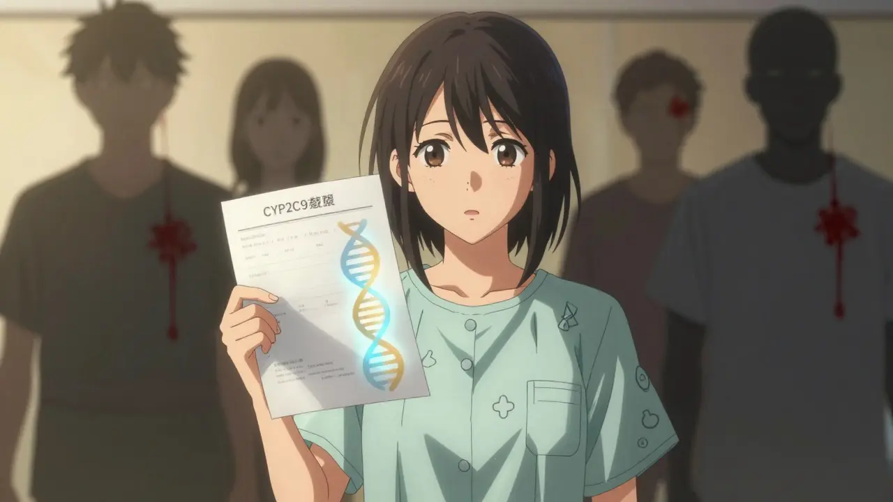 Jeune femme tenant un résultat génétique, lumière dorée, symboles médicaux dans son vêtement, médecin à ses côtés.