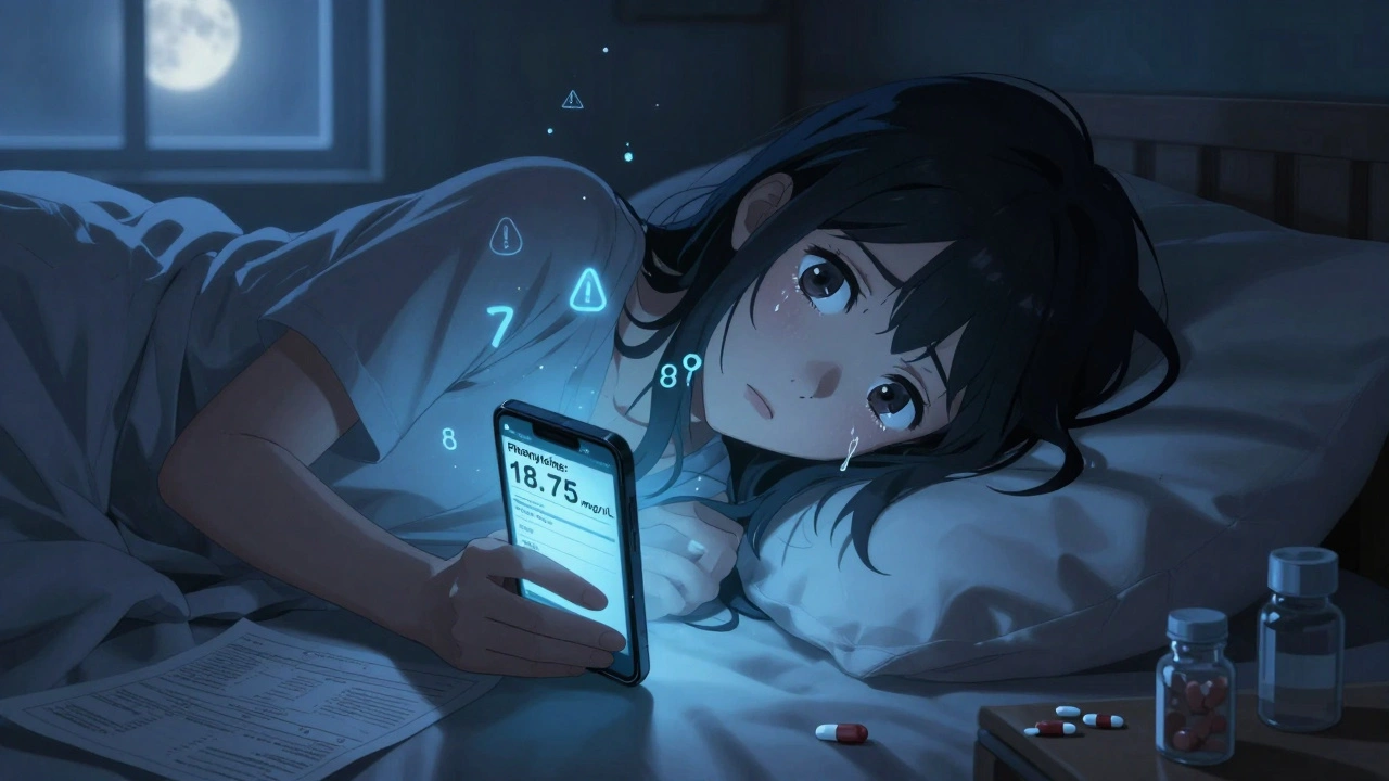 Jeune fille au lit, écran de téléphone affichant un taux toxique de phénytoïne, larmes et symboles flottants.