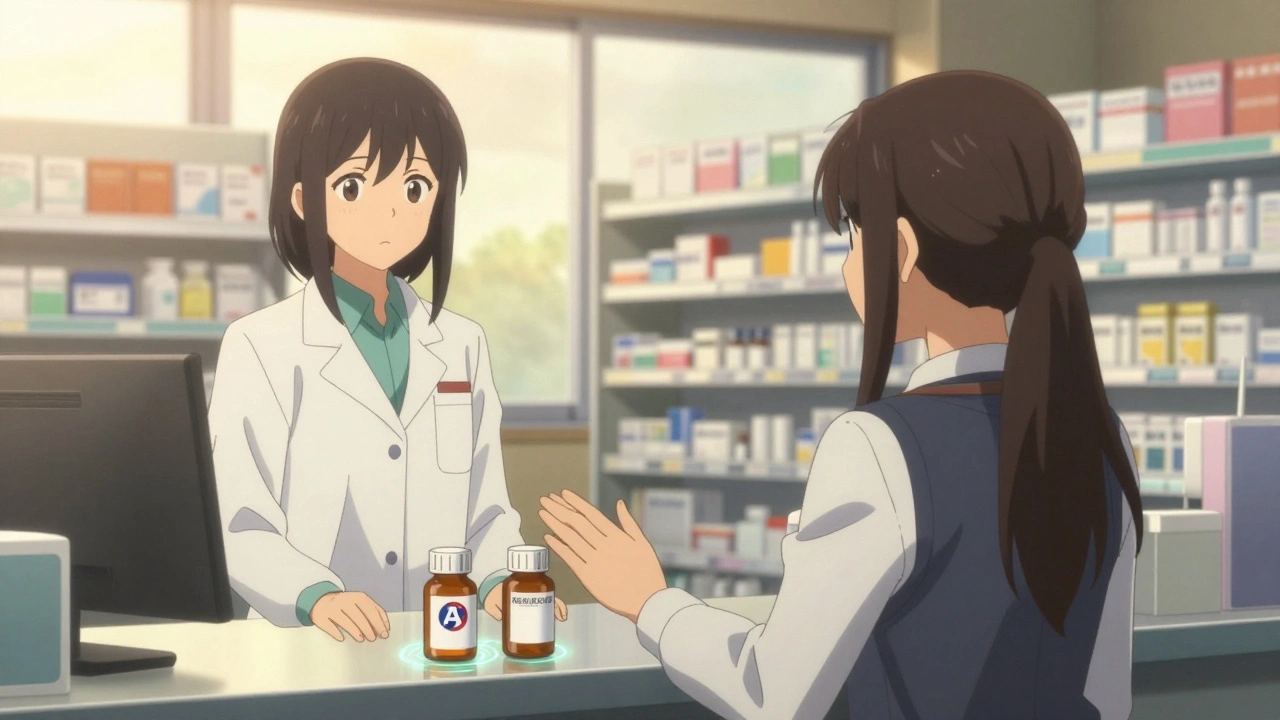 Jeune fille refusant un substitut générique au comptoir de la pharmacie, note &#039;Non substituable&#039; visible.