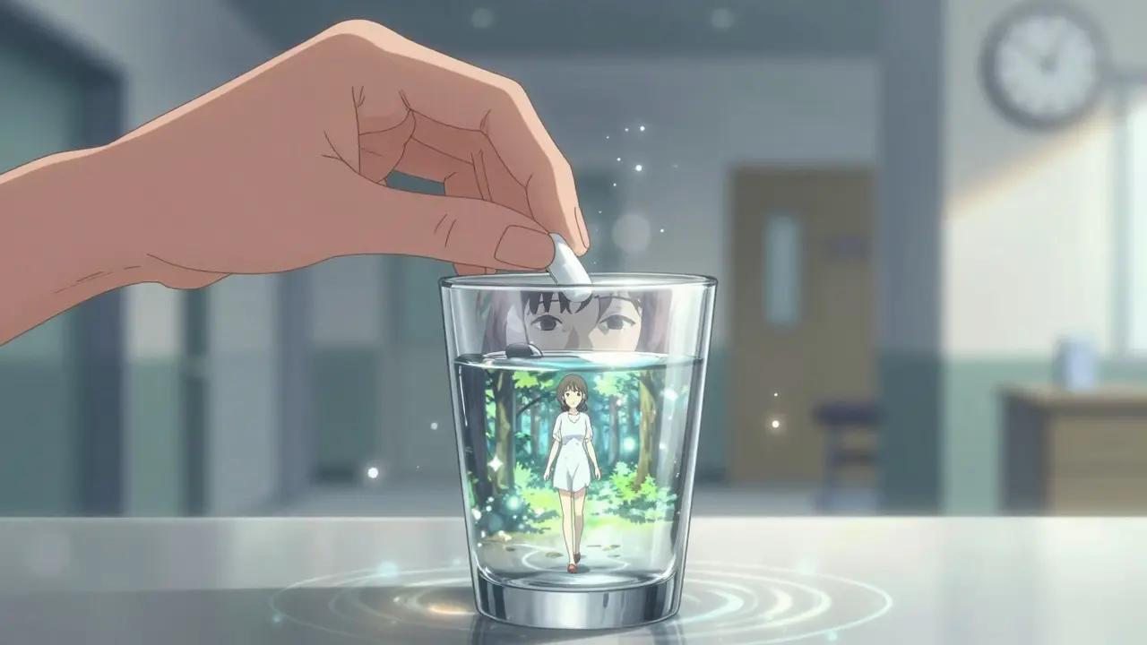 Main posant un comprimé dans de l'eau, reflet montrant deux versions de la patiente : épuisée et en pleine forme.