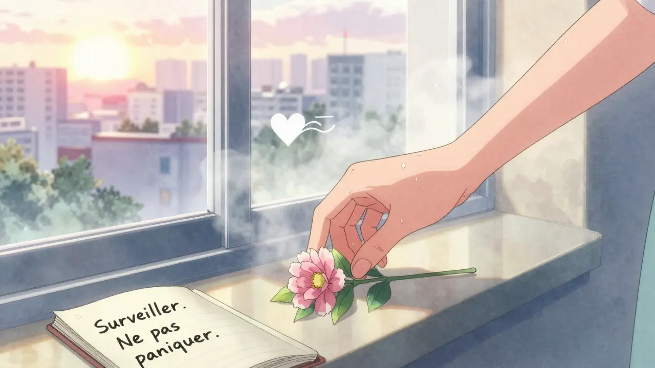 Main posant une fleur à la fenêtre d'hôpital, les symptômes se dissipent en brume au lever du soleil.