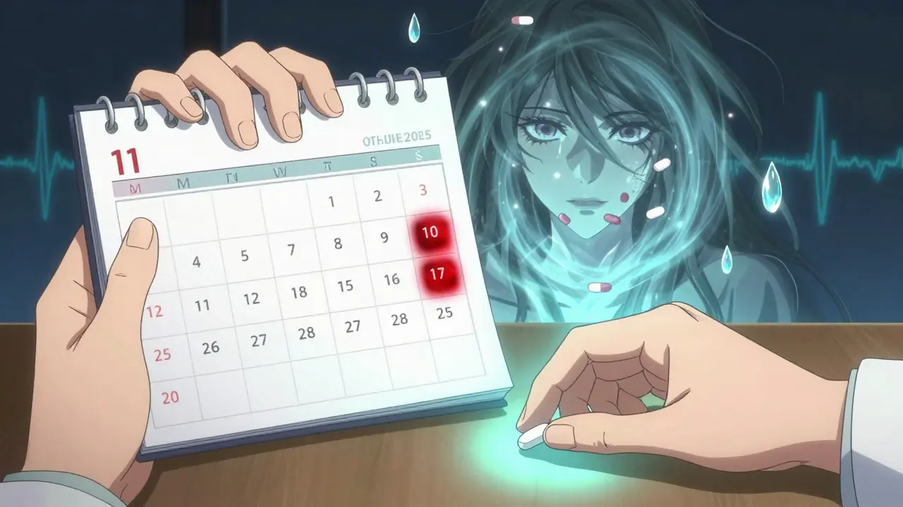 Main tenant un calendrier marqué à 12 semaines, une ombre maniaque émerge des pilules, un comprimé de lithium émet une lueur turquoise.