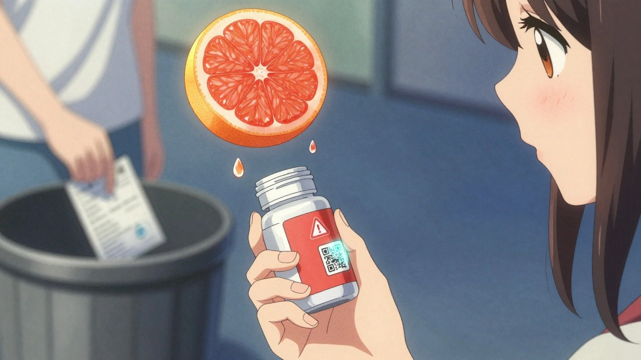 Main tenant un comprimé près d’un pamplemousse, avec un code QR qui brille sur le flacon de médicament.