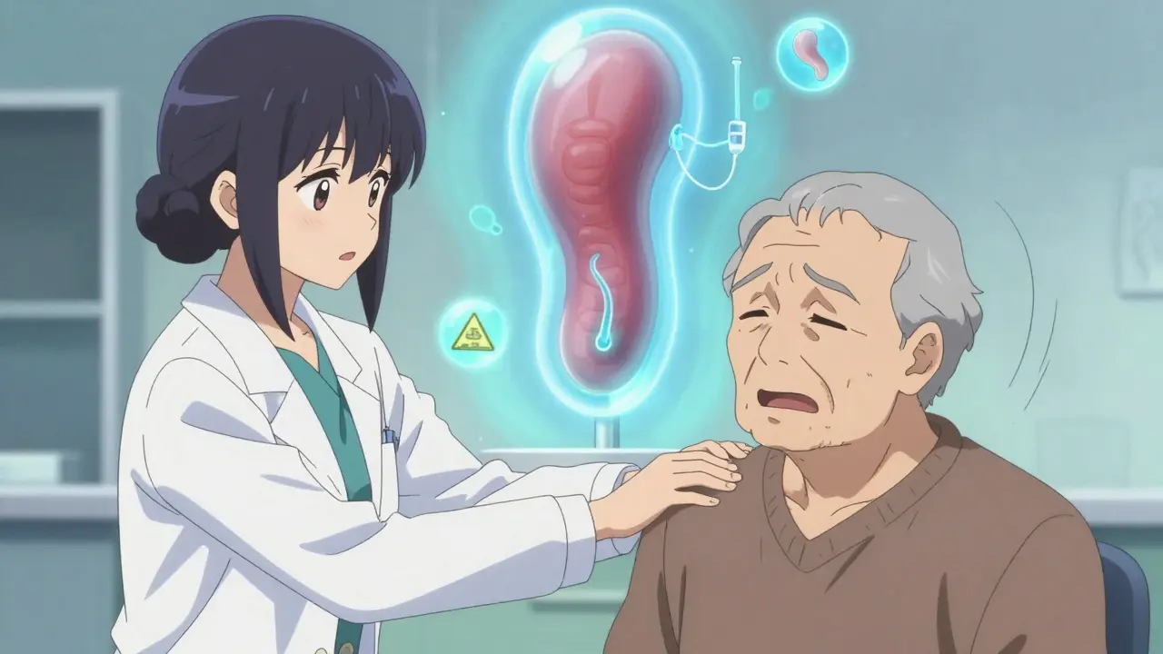 Médecin rassurant un patient, avec un modèle transparent de prostate comprimée et des icônes médicales flottantes autour d'eux.