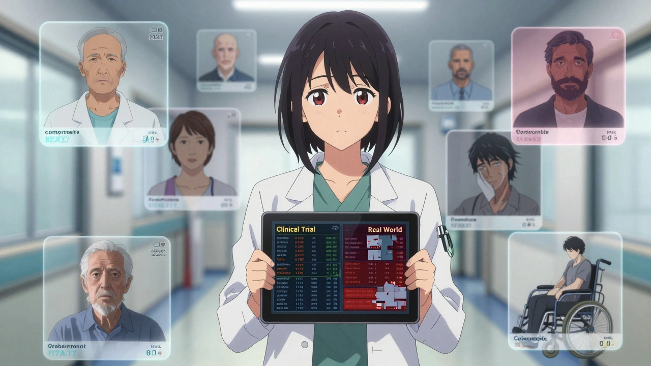 Médecine regardant deux flux de données contrastés : essai clinique ordonné et réalité médicale fragmentée, avec des patients divers en arrière-plan.