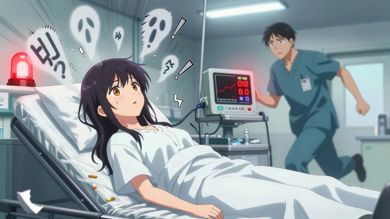 Patient hospitalisée en urgence, hallucinant des voix, avec un moniteur affichant une pression artérielle élevée.