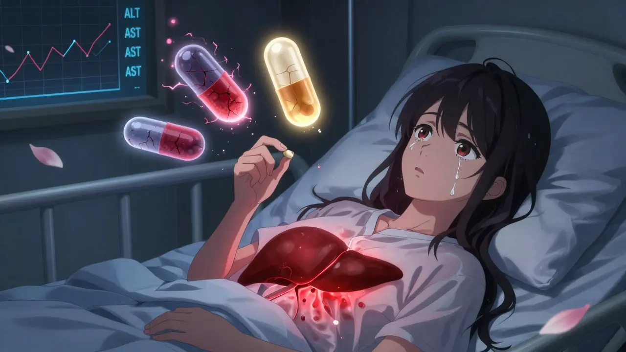 Patientes allongée, foie brillant de toxines, trois médicaments flottants dont une pilule de vitamine B6 émet une lueur dorée.