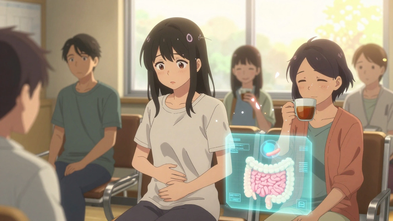 Patients dans une salle d&#039;attente clinique, avec des représentations visuelles des effets du traitement.