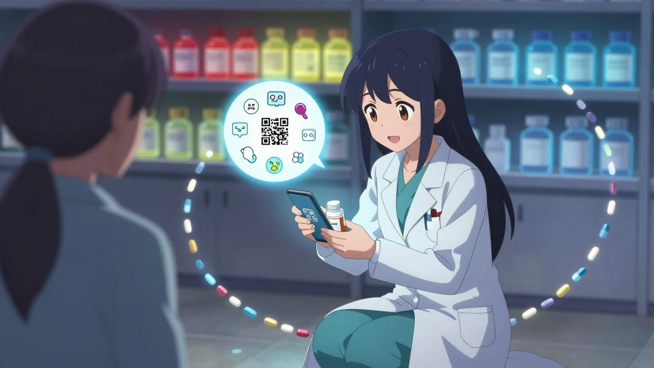 Pharmacien et patient regardant ensemble une vidéo explicative sur un téléphone, entourés de symboles de danger colorés.