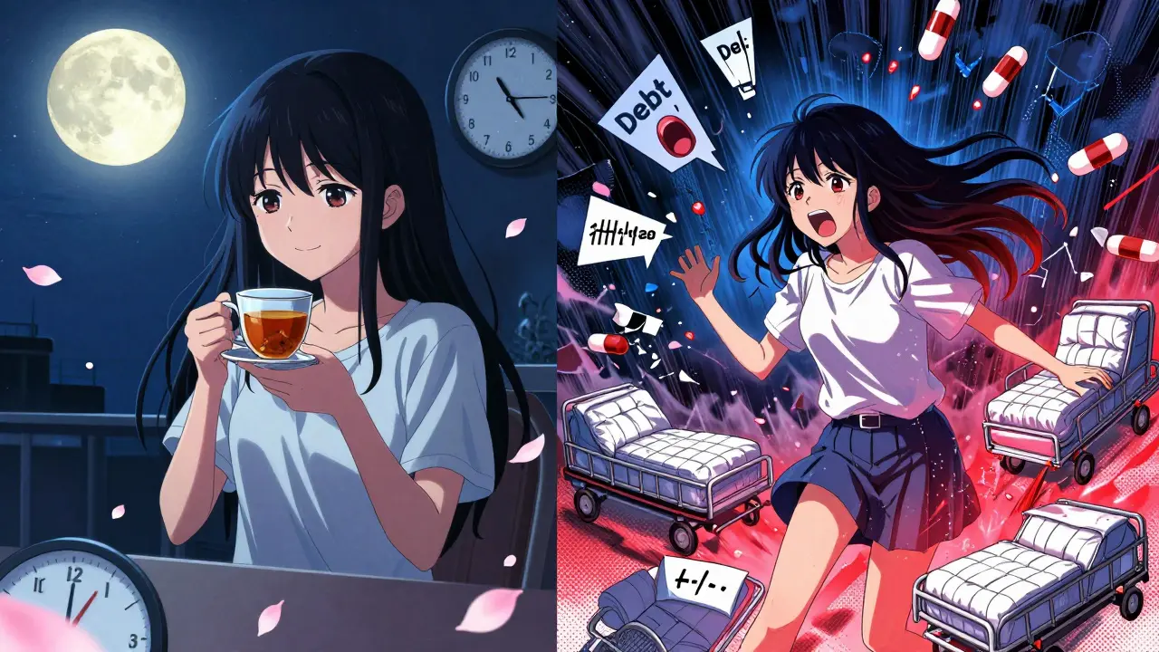 Scène divisée : à gauche, calme et stabilité avec un traitement sûr ; à droite, chaos émotionnel causé par les antidépresseurs.