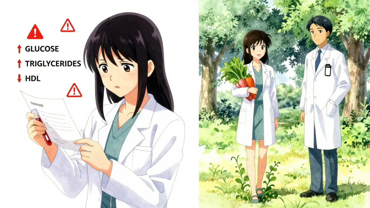 Scène divisée : à gauche, une jeune femme alarmée par des résultats médicaux ; à droite, la même personne en pleine santé dans un parc.