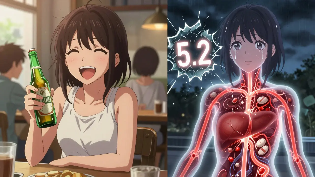 Scène divisée : fête avec bière à gauche, conflit métabolique dans le foie à droite, INR élevé en surbrillance.