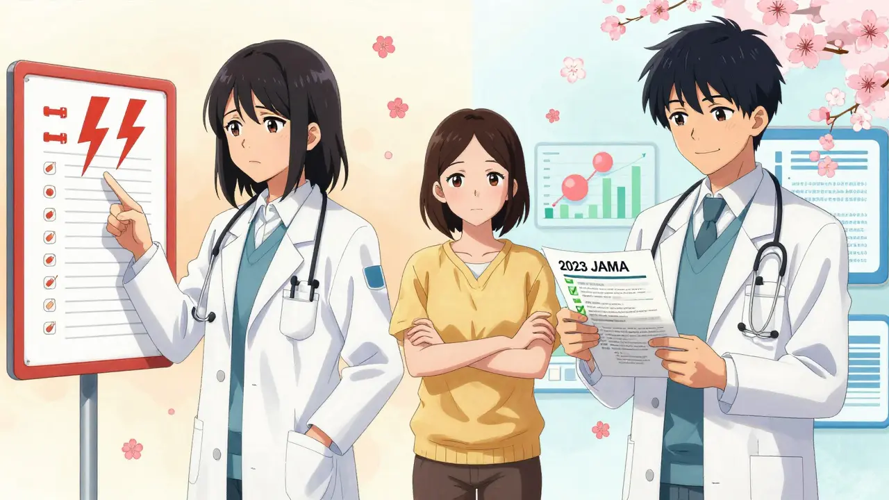 Scène divisée : médecin entre peur et réassurance, avec des données scientifiques en arrière-plan.