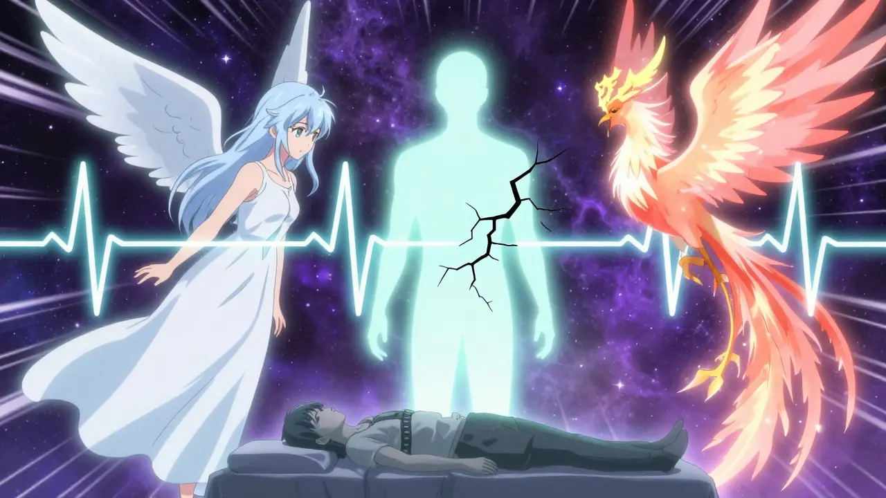 Trois esprits élémentaires protègent un patient, une courbe ECG se brise dans un fond cosmique.