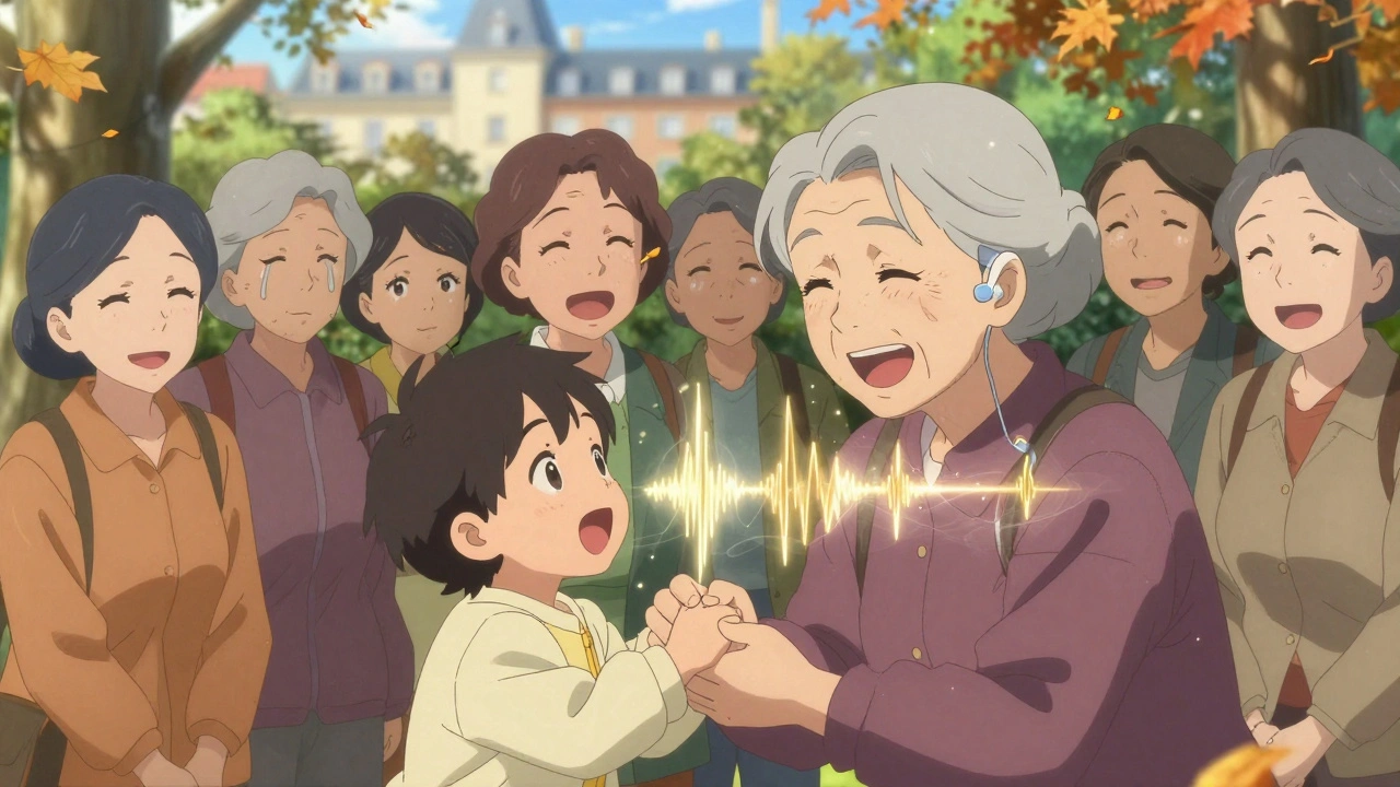 Trois femmes âgées dans un parc automnal, l&#039;une d&#039;elles sourit en écoutant son petit-enfant, des ondes sonores dorées entourent sa tête.