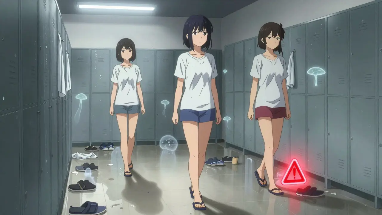 Trois jeunes femmes dans un vestiaire, des spores fongiques flottent autour de chaussures humides.