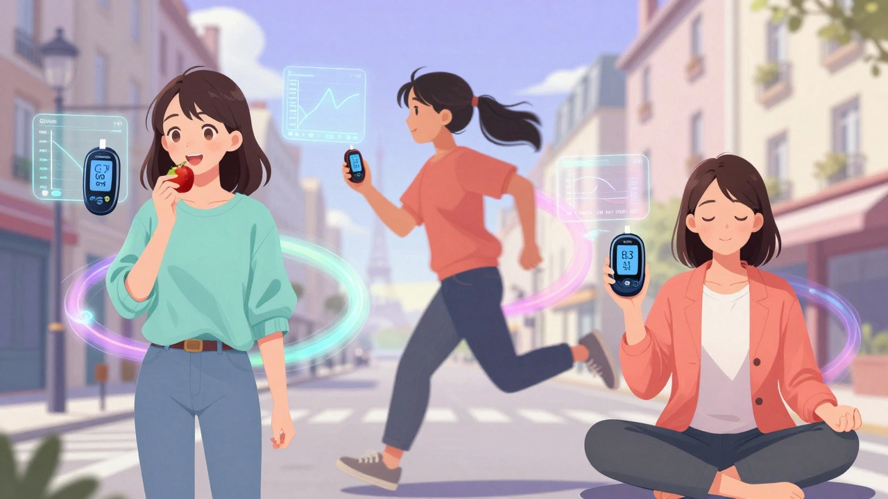 Trois jeunes personnes avec différents capteurs de glycémie, entourées de graphiques flottants dans un décor urbain stylisé.