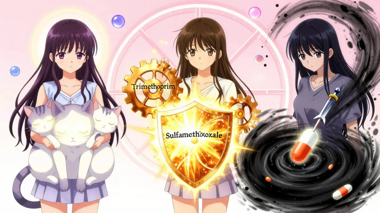 Trois personnages féminins symbolisant les interactions médicamenteuses : additivité, synergie et antagonisme.