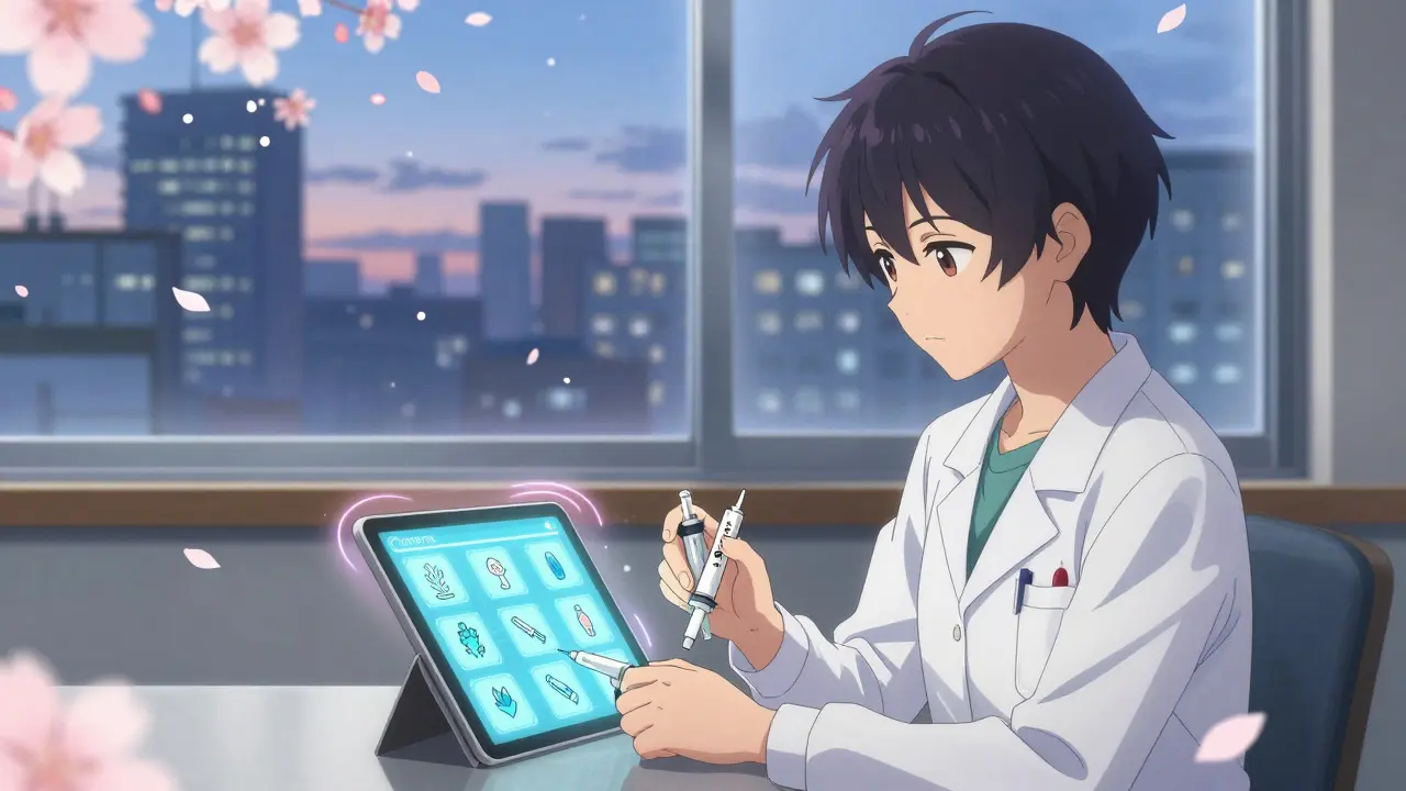 Un adolescent et un médecin examinent un plan d'action numérique, tenant deux injecteurs d'épinéphrine, dans un bureau calme au crépuscule.