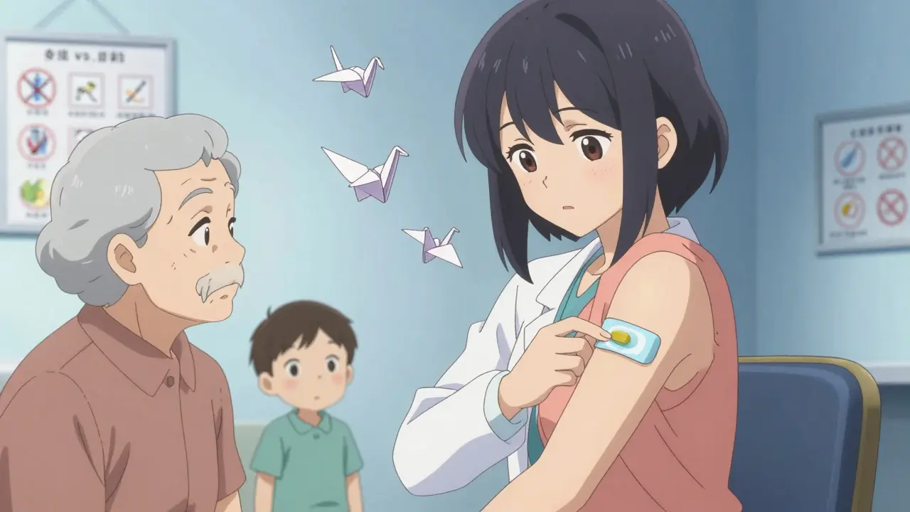 Un médecin ajuste un patch de buprénorphine sur le bras d'un patient âgé, en présence d'un proche.