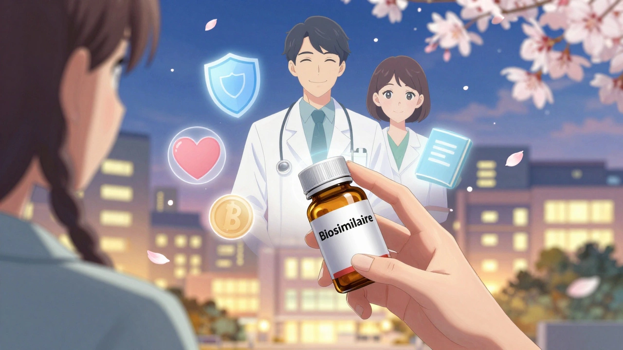 Un patient tient un biosimilaire, entouré de symboles de sécurité, confiance et économie, sous un ciel de pétales de cerisier.