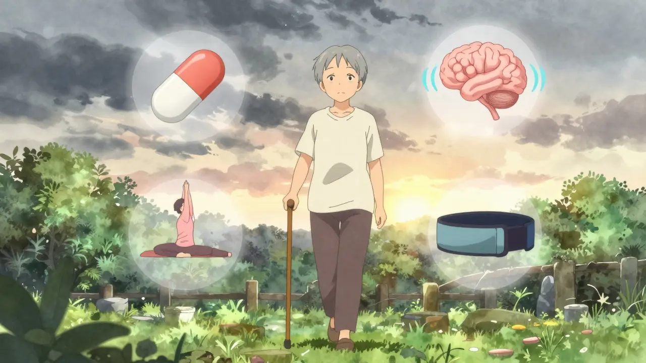 Un senior marche dans un jardin entouré de symboles de traitements non-opioïdes sous un ciel qui s'éclaircit.