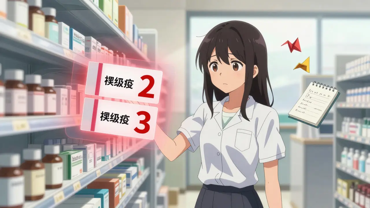 Une adolescente dans une pharmacie voit sa prescription passer d'un niveau à un autre avec un avertissement rouge.