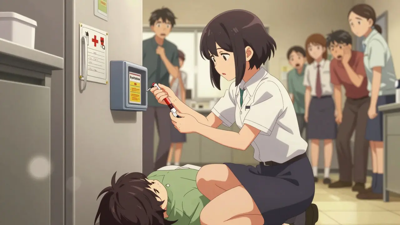 Une employée administre une injection d'épinéphrine à un collègue en détresse dans une cuisine d'entreprise, le plan d'urgence est affiché près du réfrigérateur.