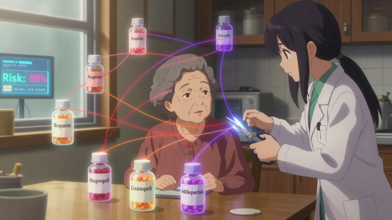 Une femme âgée entourée de médicaments dont les risques s’entrelacent en une toile menaçante.