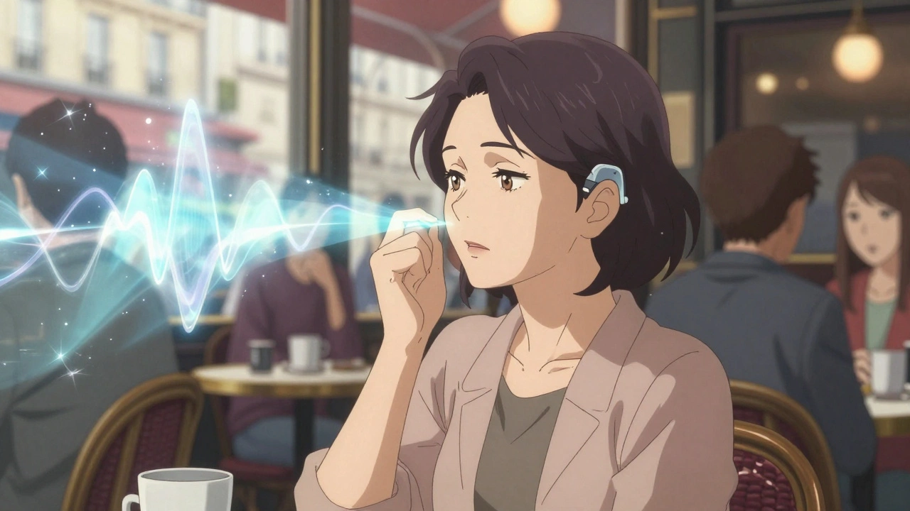 Une femme dans un café parisien, concentrée sur une conversation claire malgré le bruit, des ondes sonores lumineuses émergent de son implant.