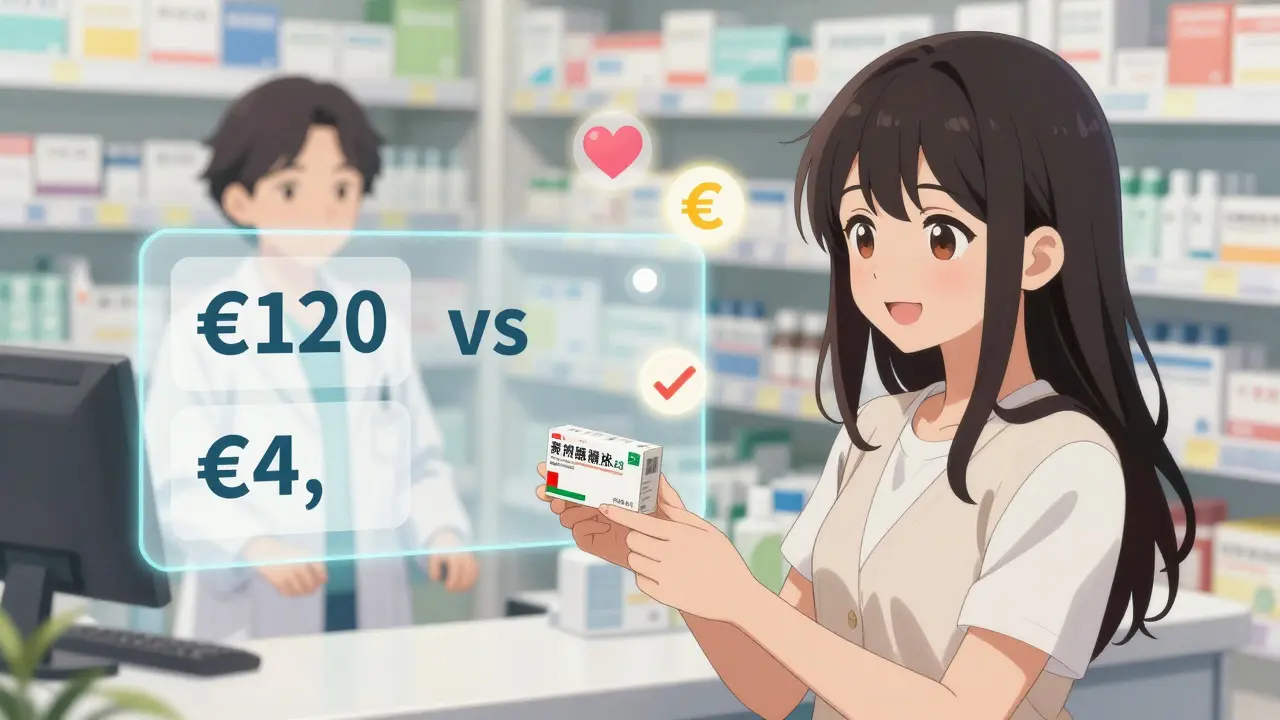 Une femme reçoit un médicament générique à la pharmacie, avec un affichage visuel comparant les prix.