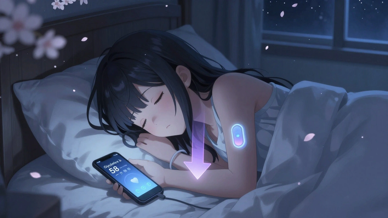 Une jeune fille dort paisiblement, son téléphone vibre avec une alerte de glycémie basse pendant la nuit.
