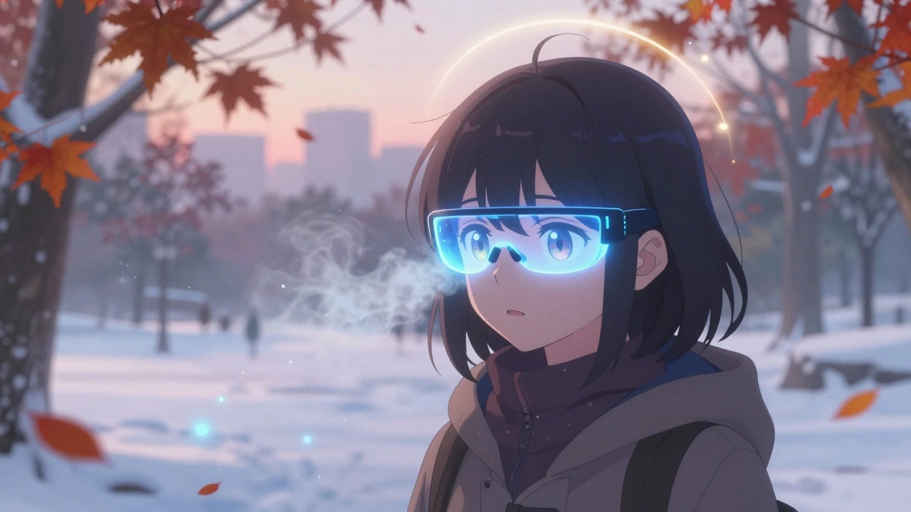Une jeune fille marche dans la neige avec des lunettes de thérapie lumineuse, des particules lumineuses suivent ses pas au lever du soleil.