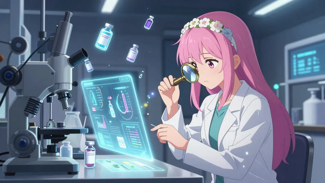 Une pharmacienne prépare soigneusement des crèmes hormonales dans un laboratoire high-tech avec des vials flottants.