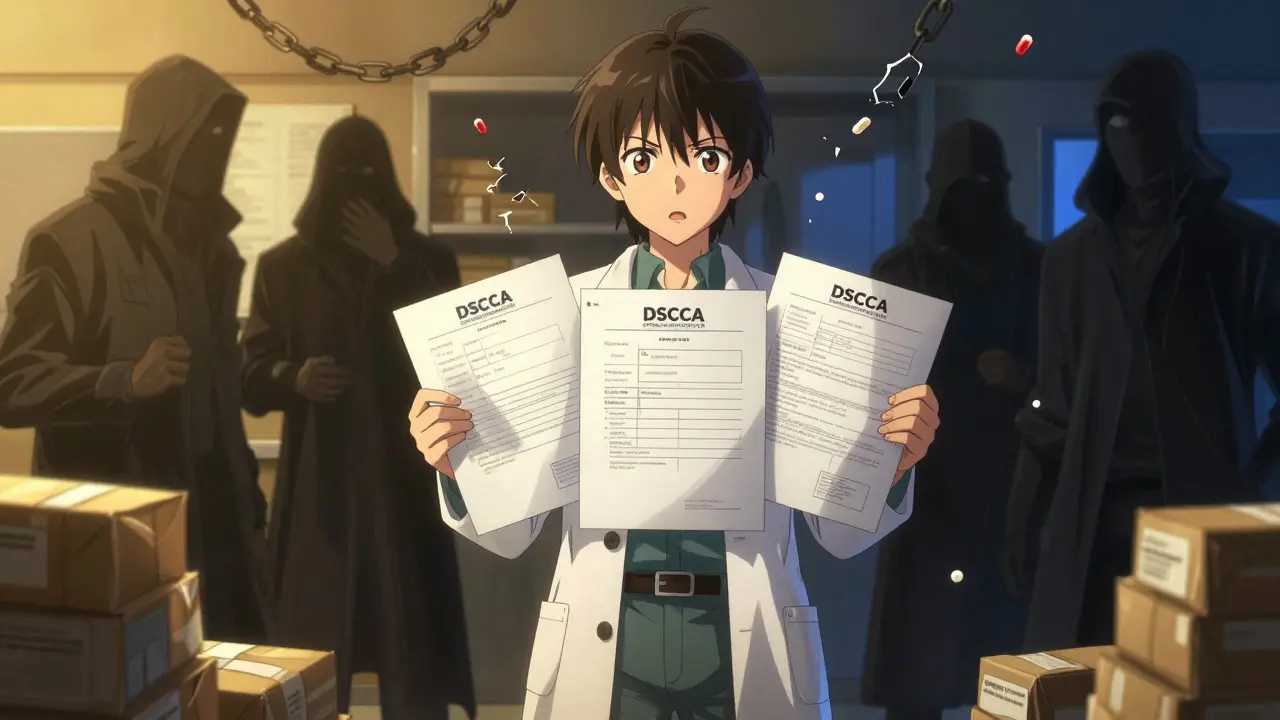 Une pharmacienne refuse un lot de médicaments suspects, des figures mystérieuses tentent de l'importer illégalement.