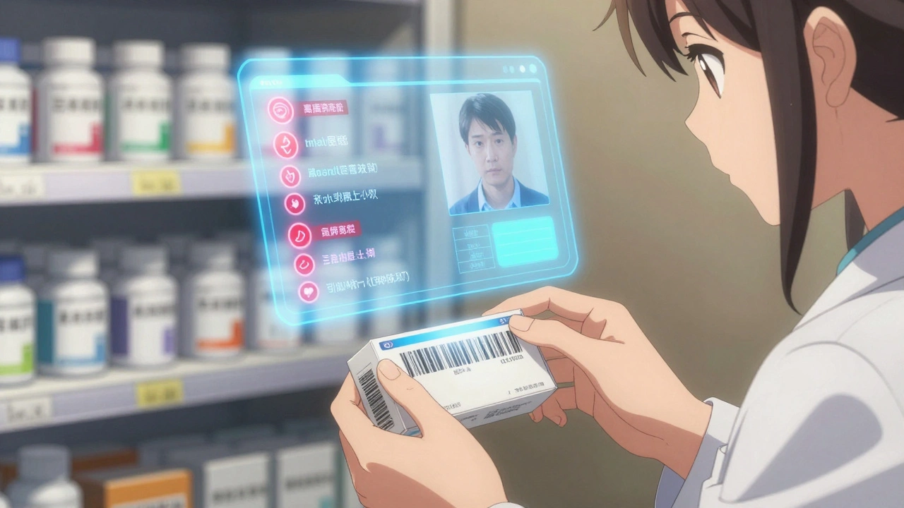 Une pharmacienne vérifie un code-barres avec une interface numérique affichant des alertes sur les excipients.