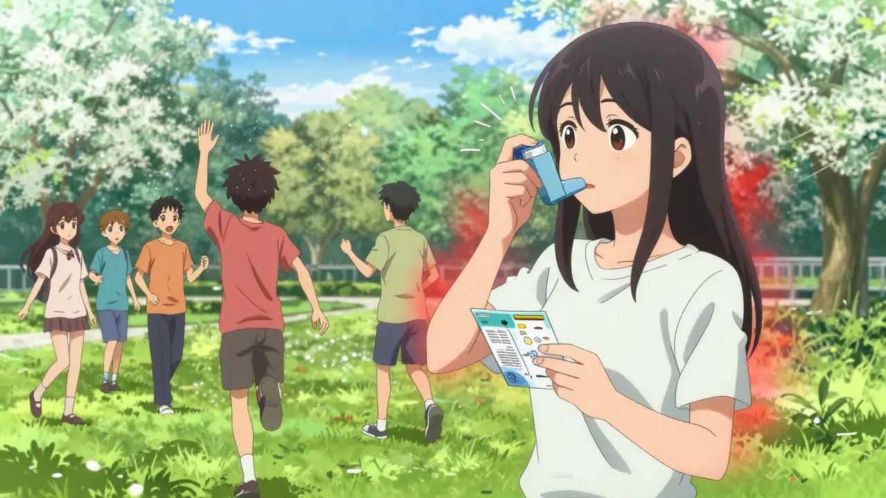 Adolescente utilisant son inhalateur avant de courir dans un parc printanier, avec des pollens visibles en arrière-plan.