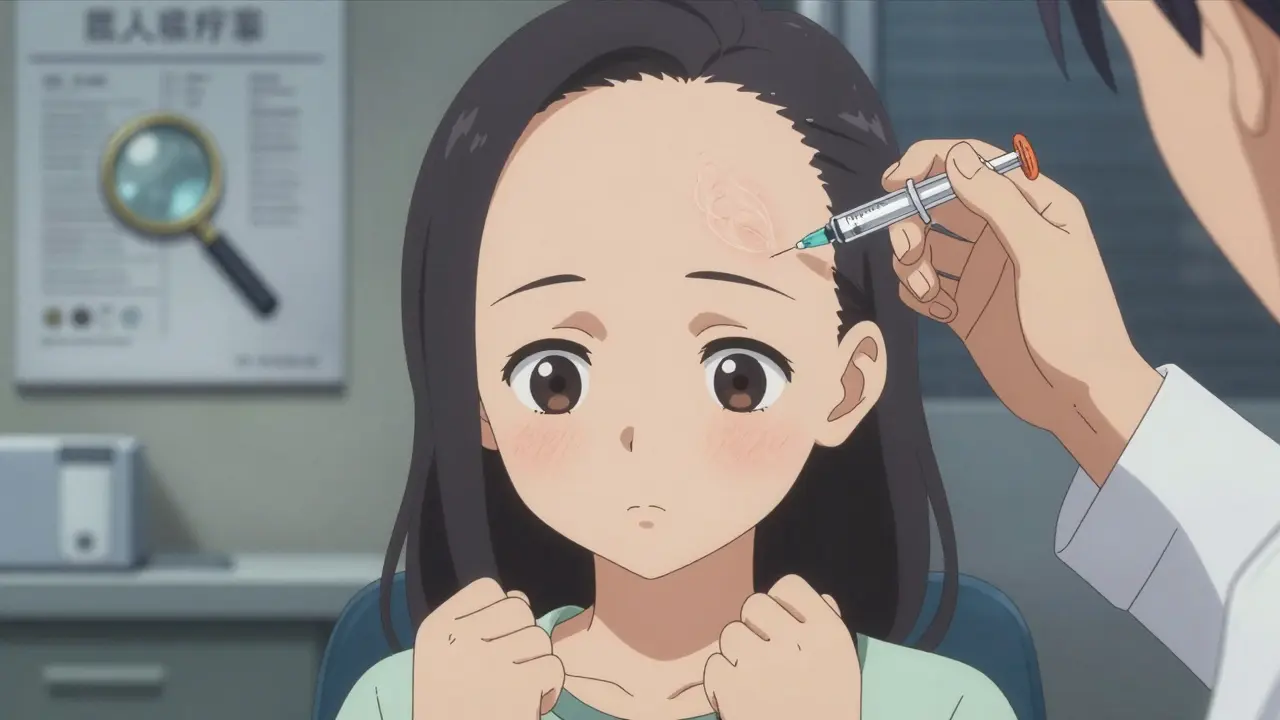 Dermatologue administre une injection dans une zone chauve, jeune patiente regardant avec détermination.