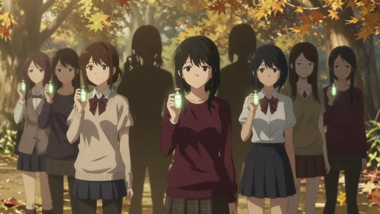 Des femmes dans un parc, leurs ombres affichent des signes de syndrome de Cushing, tenant des flacons de stéroïdes sous une lumière automnale.