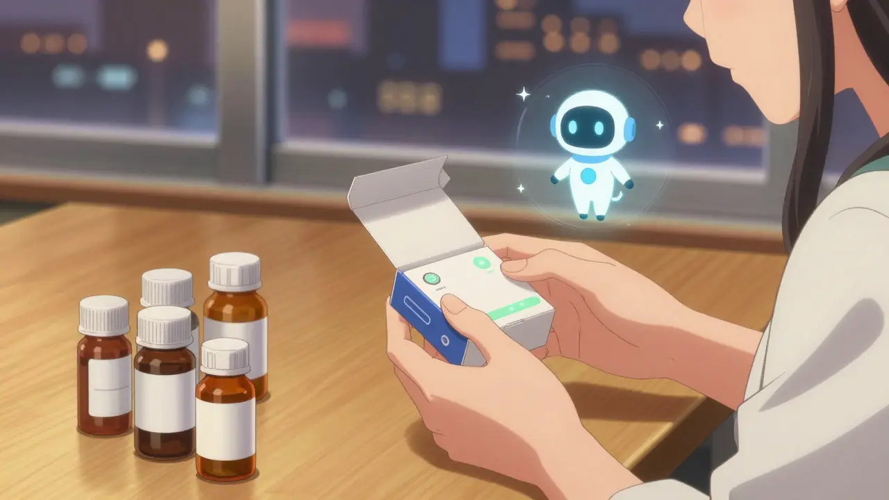 Des mains ouvrent une boîte intelligente de médicaments avec des capteurs et des rappels intégrés, sur une table en bois.