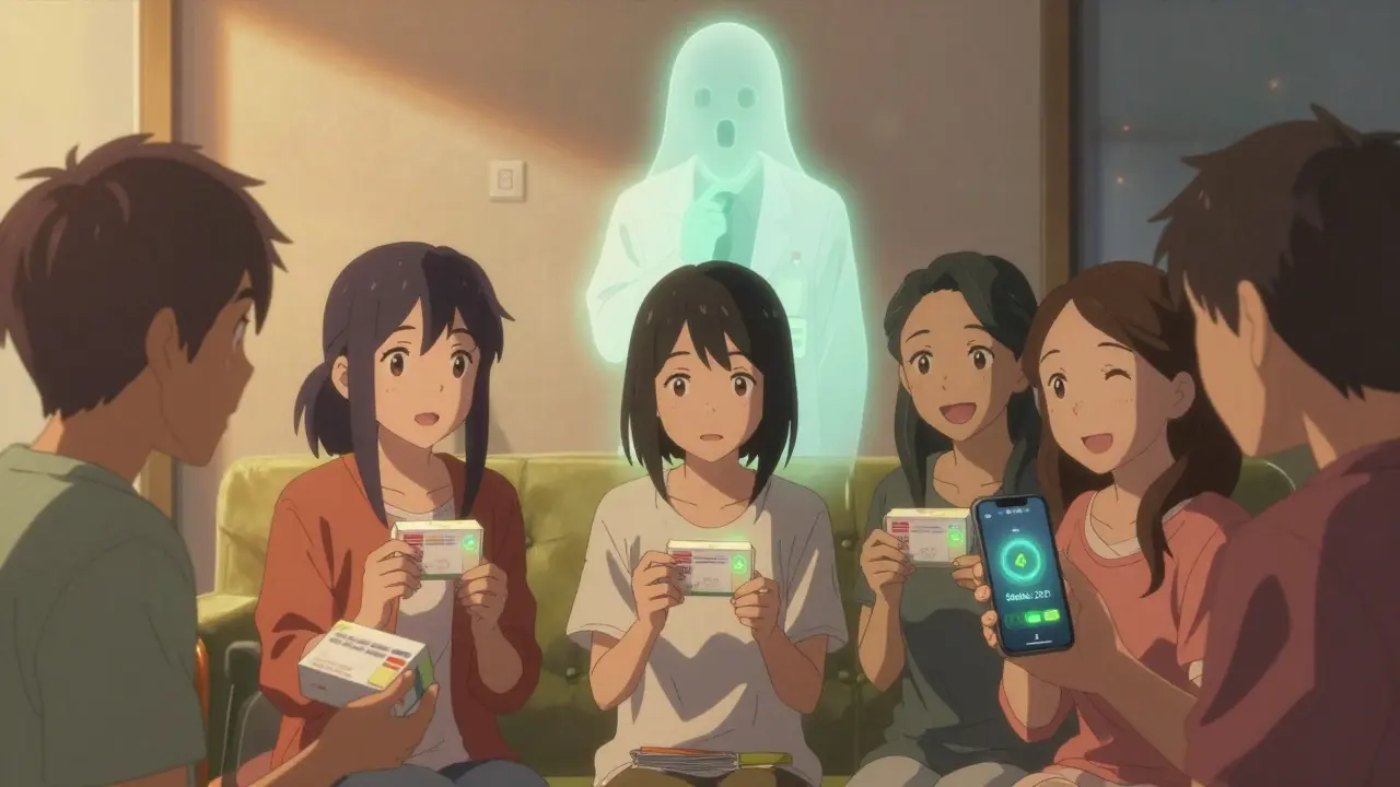 Des patients à la maison reçoivent des médicaments génériques, un téléphone affiche une alerte de température stable.