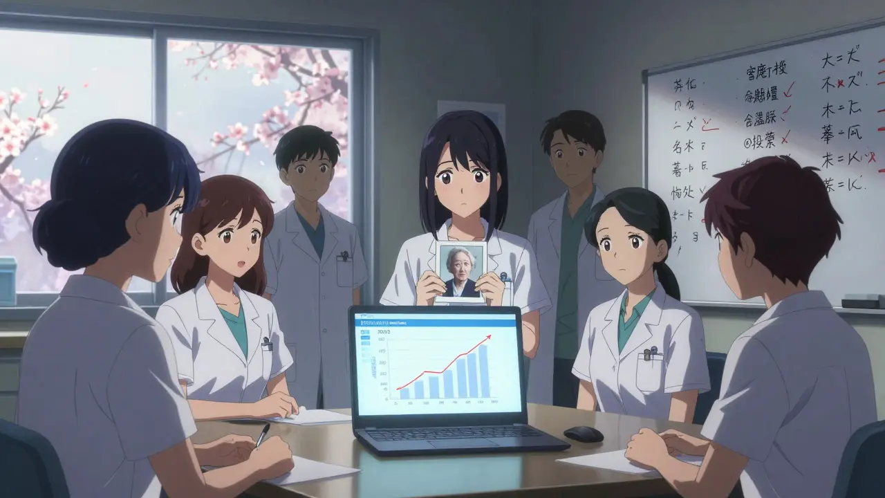 Des pharmaciens en réunion devant un écran affichant une courbe de pénuries, une photo de famille sur la table.