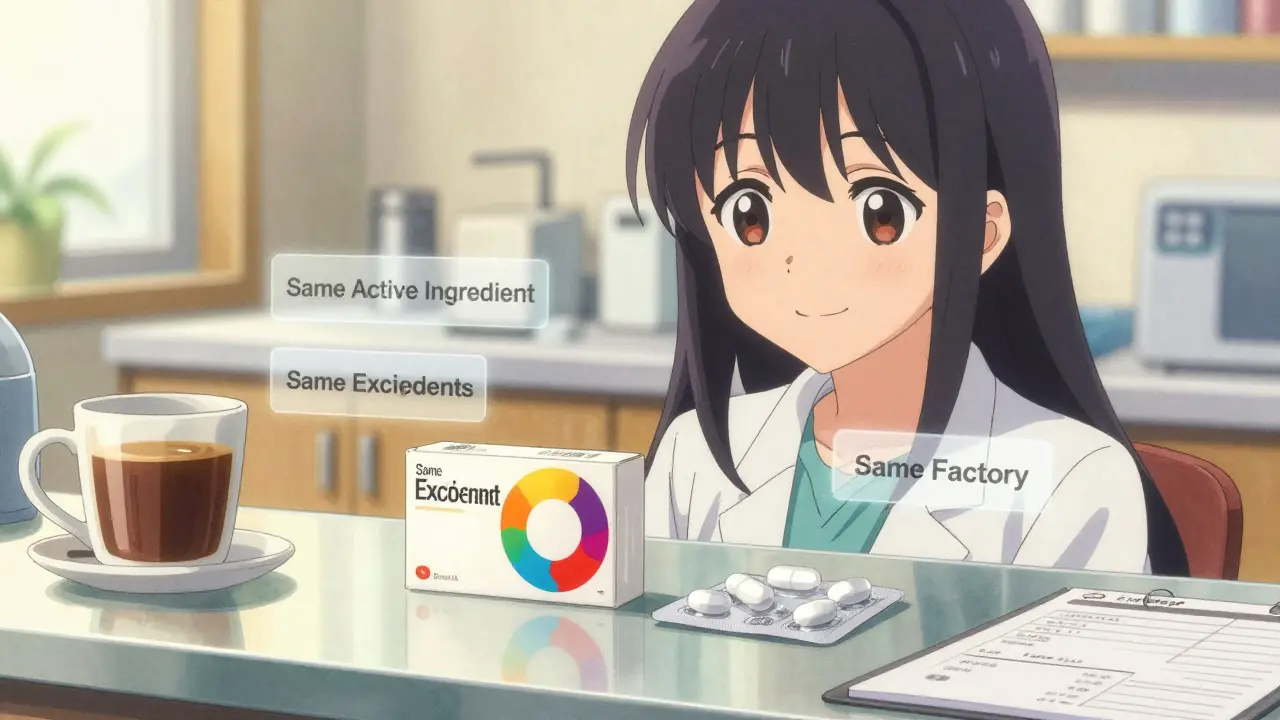 Deux pilules identiques côte à côte, l'une dans un emballage de marque, l'autre en packaging simple, avec des étiquettes flottantes confirmant leur identité.