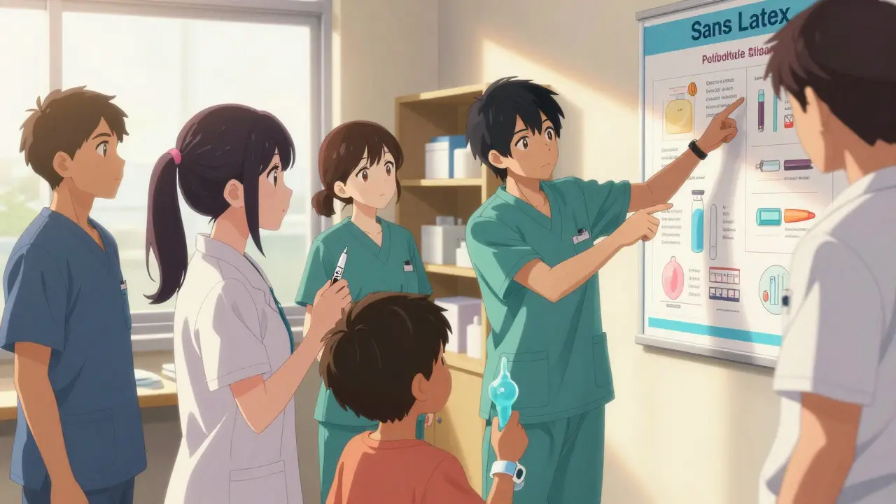 Équipe médicale en formation devant une affiche d'alternatives sans latex, enfant avec bracelet médical.