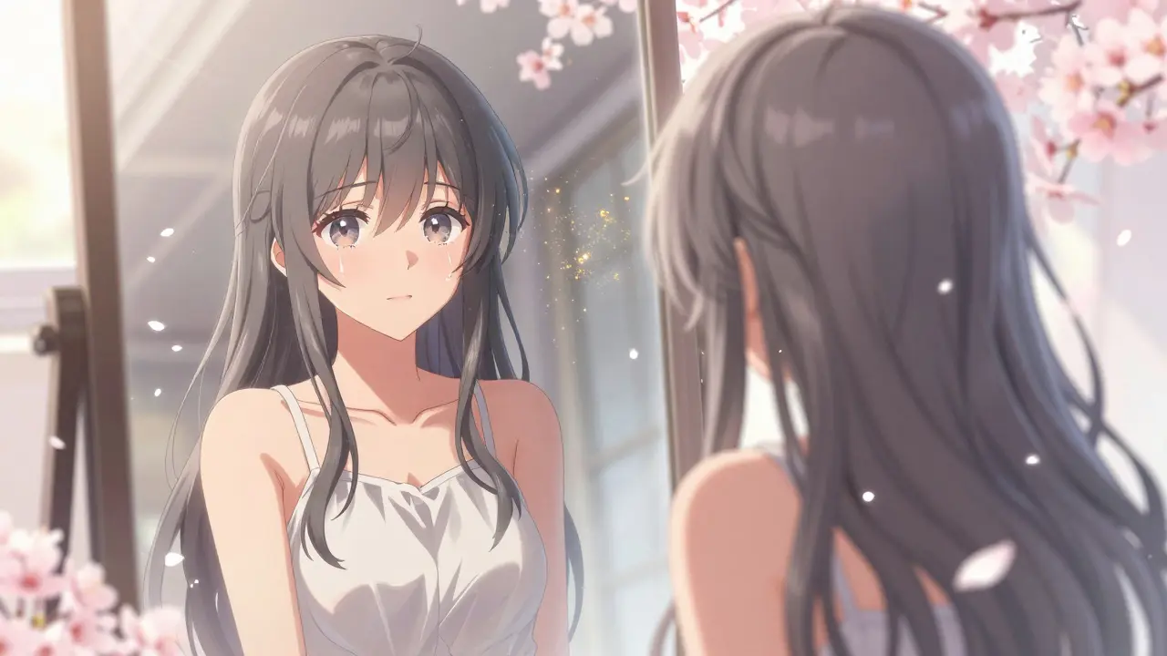 Femme regardant son reflet avec des cheveux gris qui repoussent, pétales de cerisier tombent autour d'elle.