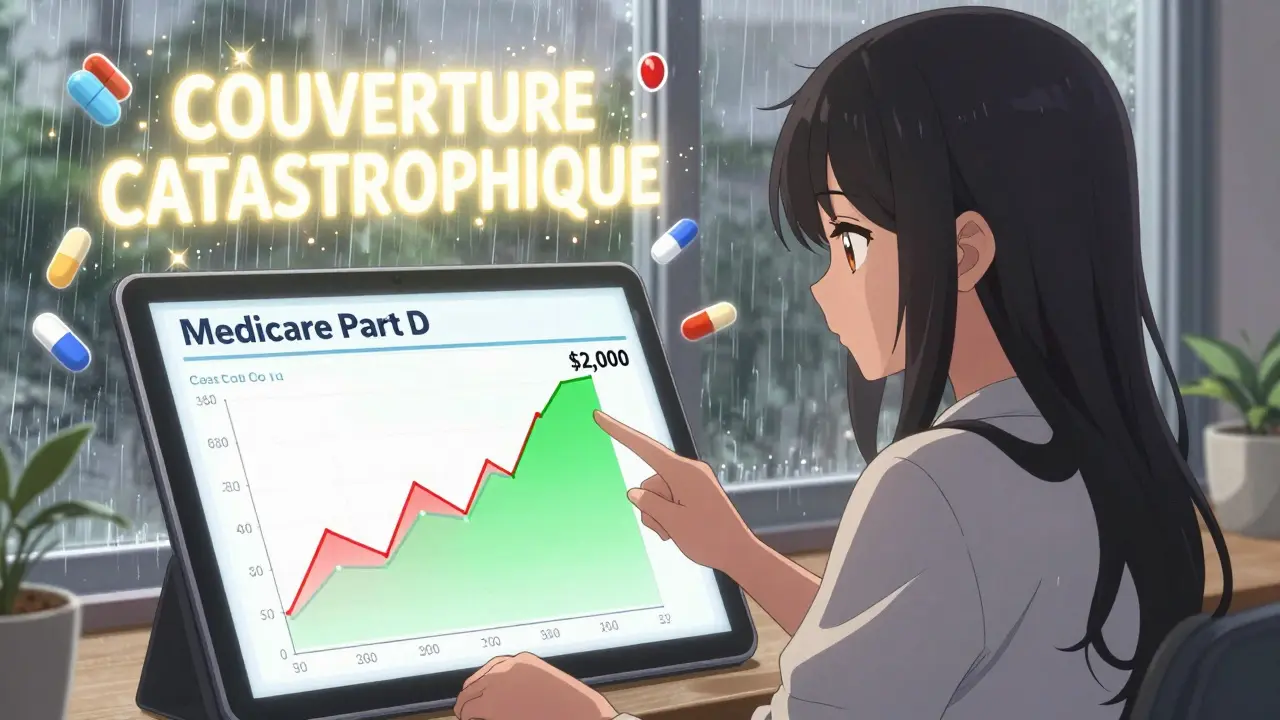 Femme regardant un écran affichant le seuil de 2 000 $ pour la couverture catastrophique de Medicare Part D.