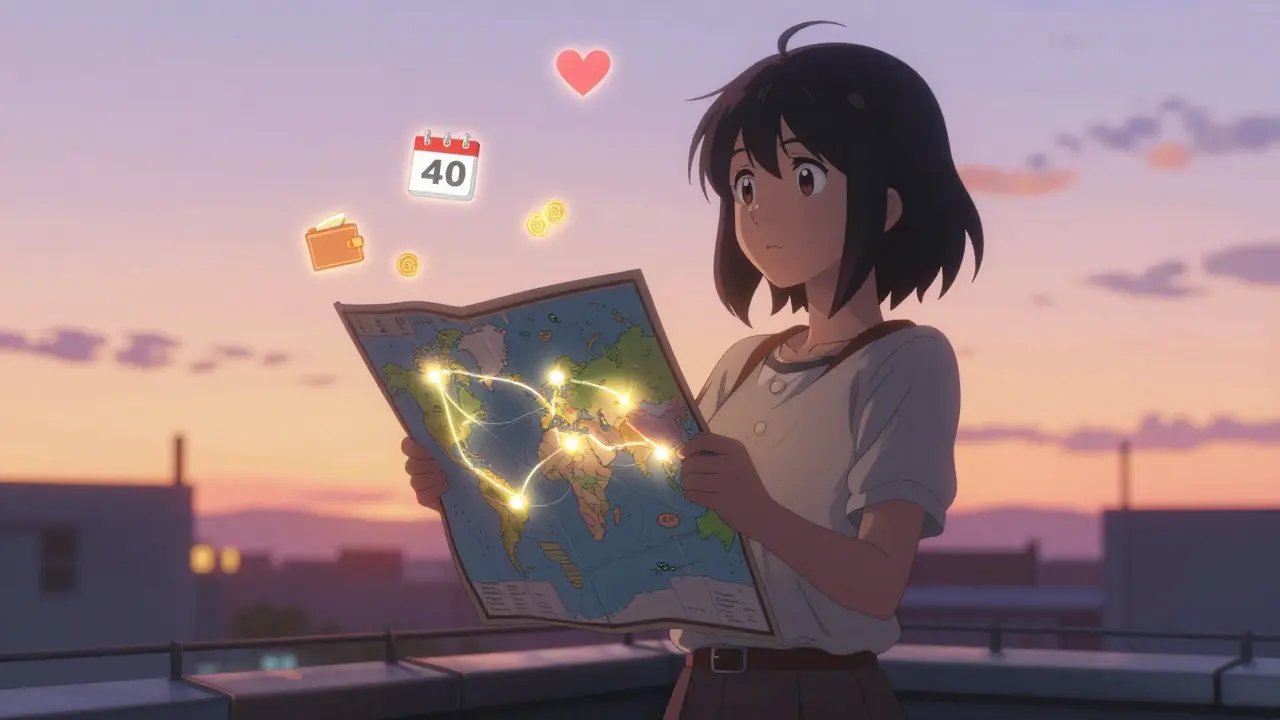 Femme sur un toit regardant une carte mondiale des économies de médicaments génériques au coucher du soleil.