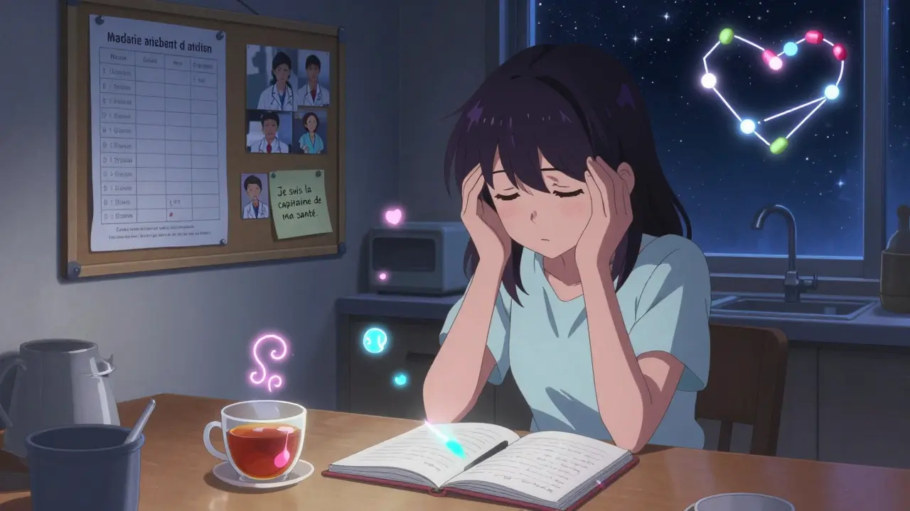 Femme tenant un journal de santé à la cuisine, des symboles de symptômes flottants autour d'elle, une liste de médicaments affichée au mur.